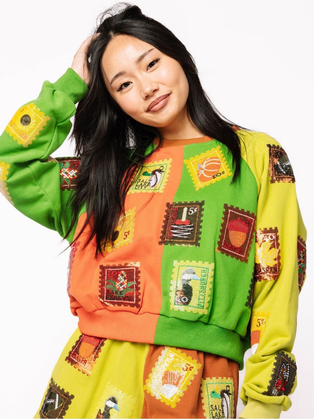 NWOT! QUEEN OF SPARKLES Colorblock Fall Sequin Stamp Sweatshirt - Picture 5 of 12